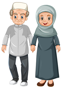 Elderly Muslim Couple Cartoon Character