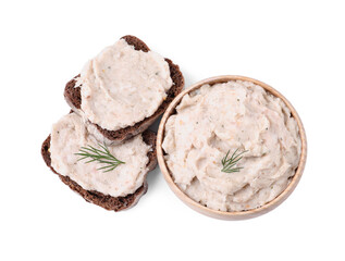 Lard spread in bowl and sandwiches isolated on white, top view