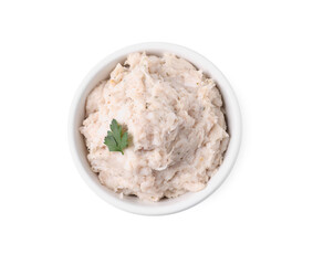 Lard spread in bowl isolated on white, top view