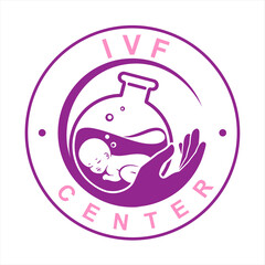 IVF, In vitro fertilization. Vector linear flat illustration. Baby embryo floats in a test tube. Outline logo for Infertility Clinic, IVF Center. Infertile couple, fertility problem.