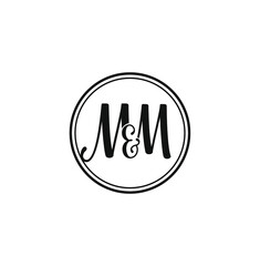 'M and M' company initial letters monogram in black circle lines. 'M and M' comapny logo on white background. 