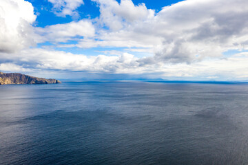 Aerial view of the beautiful coast at Malin Beg with Slieve League in the background in County Donegal, Ireland