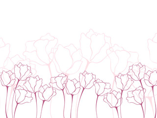 Floral background with elegant line flowers. Vector illustration with stylized tulips