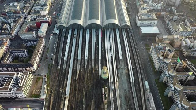 Aerial view on the main train station of Frankfurt am Main, Germany, during sunset.