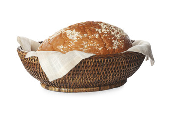 Fresh rye bread in basket on white background