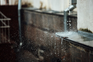 falling raindrops break on the ledge. splashes from running water. drainpipe from the roof of a building during a rainstorm