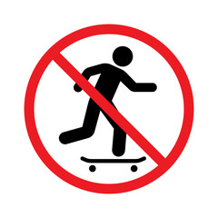 No skateboarding prohibition sign, Forbidden symbol sticker for area places, Banned activities, Isolated on white background, Flat design vector illustration