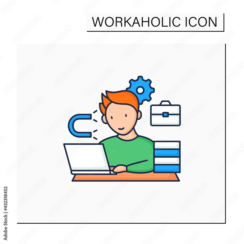 Poster workaholic color icon. inability detach from work. hard working. work love concept.isolated vector i