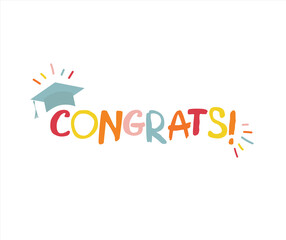 Word congrats lettering vector concept without background. Graduate cap thrown up. Congratulation graduates 2022 class. Flat cartoon design of greeting, banner, invitation card.