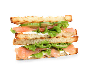 Tasty sandwiches with salmon and cucumber isolated on white