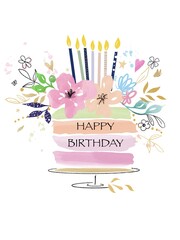 watercolor cake for birthday with flowers and seven candles