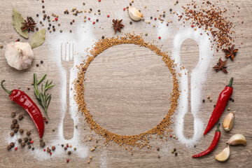 Beautiful flat lay composition with different spices, silhouettes of cutlery and plate on wooden background. Space for text