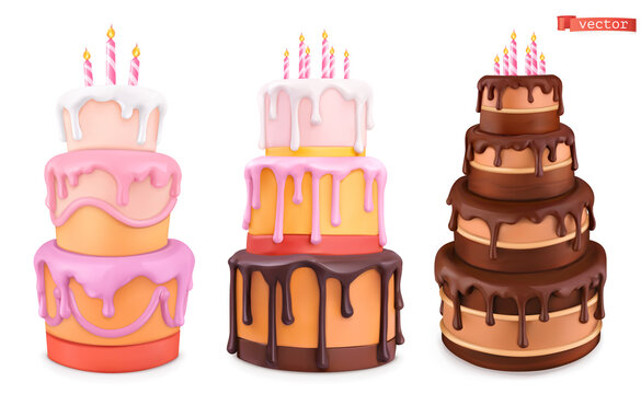 Birthday cake with candles. Happy birthday cartoon. 3d realistic vector set of objects