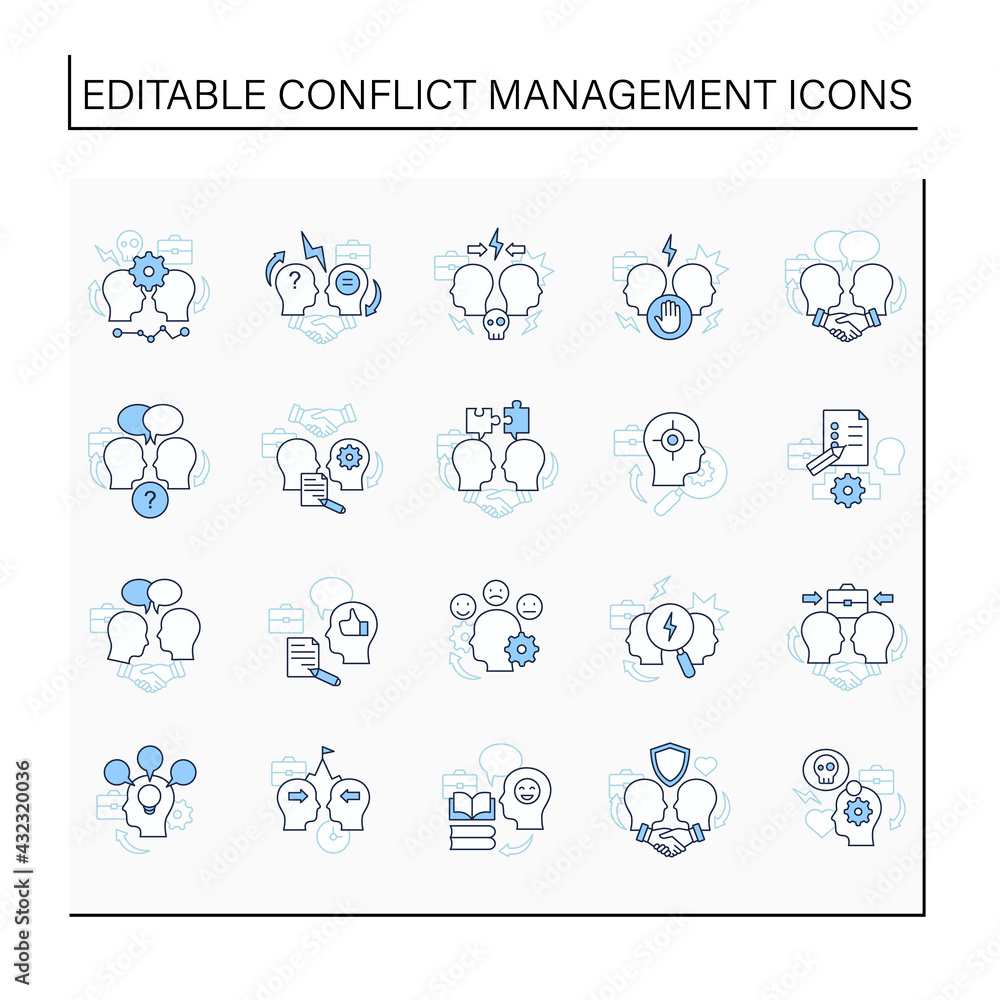 Poster conflict management line icons set. conflict between two persons. dispute resolution.compromising.co