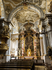 Oppulent Bavarian Baroque and rococo interior style architecture inside Roman Catholic church or...