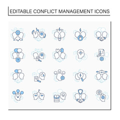 Conflict management line icons set. Conflict between two persons. Dispute resolution.Compromising.Communication concept. Isolated vector illustration. Editable stroke
