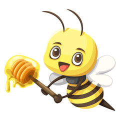 Cute little bee cartoon illustration, Little bee holding honey stick, Kawaii design style, Cute cartoon characters clipart. They are great for decoration or as part of a design.