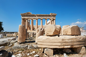 Parthenon temple on a bright day with blue sky. Panoramic image taken in Acropolis hill in Athens,...