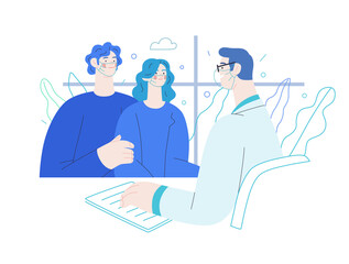 Doctor and patients - medical insurance illustration. Flat vector