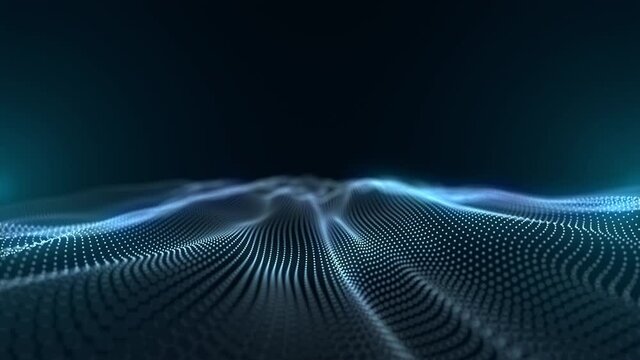 Abstract flowing wave of moving particles. Digital background, 4K resolution.