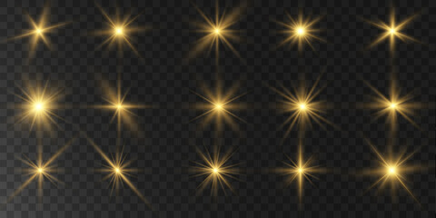 A group of light effects, stars on a transparent background.	