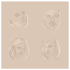 Attractive female silhouette chalk collections.One line drawing faces. Pretty faces. Flirts. Aesthetic concept. Beauty minimalist.Avant garde style illustrations.Trendy vector silhouette