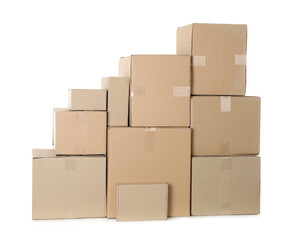 Pile of cardboard boxes on white background