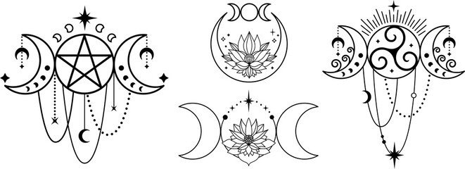 Triple moon with lotus and moon phases. Witchy tatoo logo design set. Mystic boho logo, design elements with moon, stars
