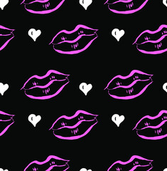 Lips line art seamless pattern. Valentine day. Black cosmetic background for textile, fabric, wallpaper design.Vector illustration