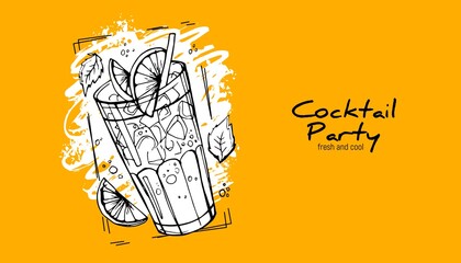 Hand-drawn cocktail on grunge background. Party label, design for cocktail menu or advertising. Decorative print for clothes - obrazy, fototapety, plakaty