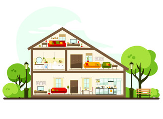 House in a cut. Rooms with furniture (kitchen, bathroom, living room). flat vector illustration