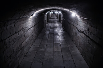 castle tunnel view, gloomy underground passage perspective, old european castle, abstract view