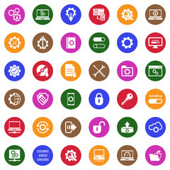 Setup, Installation And Configuration Icons. White Flat Design In Circle. Vector Illustration.