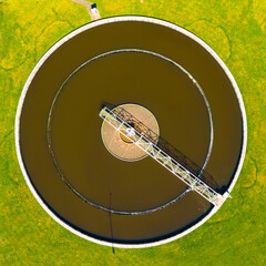Aerial view to sewage treatment plant. Grey water recycling. Waste management in European Union.
