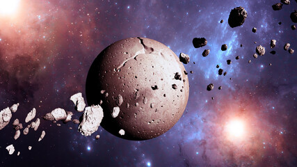 Planet and asteroid. Asteroid rings around a planet. New worlds and galaxies, discoveries of new planets. 3d render © Naeblys