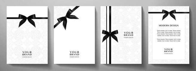 Holiday cover, frame design set. Elegant white floral pattern (curve) background with black ribbon (bow). Premium vector collection template for vip invitation, wedding invite, greeting or gift card, 