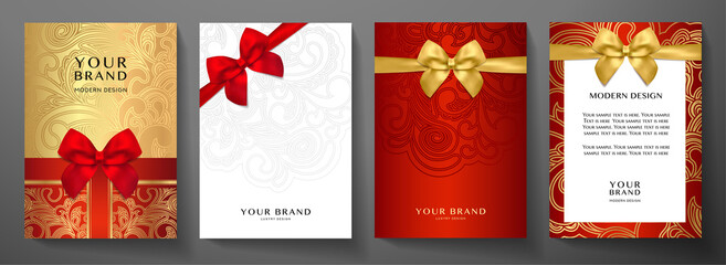 Holiday cover design set. Luxury silver, gold background with red ribbon (bow). Elegant vector collection template for invitation (invite vip card), birthday greeting or gift card