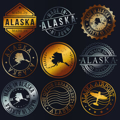 Alaska, USA Business Metal Stamps. Gold Made In Product Seal. National Logo Icon. Symbol Design Insignia Country.