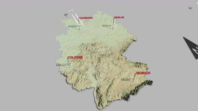 Seamless looping animation of the 3d terrain map of Germany with the capital and the biggest cites in 4K resolution