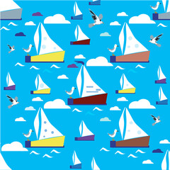 Stylized yachts and seagulls seamless pattern in clear and cheerful tones. Endless background