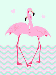 Pink flamingos on the background of sea waves. Tropical romantic card with a bird for printing on clothes, notebooks, decorative pillows, cups. Vector graphics.