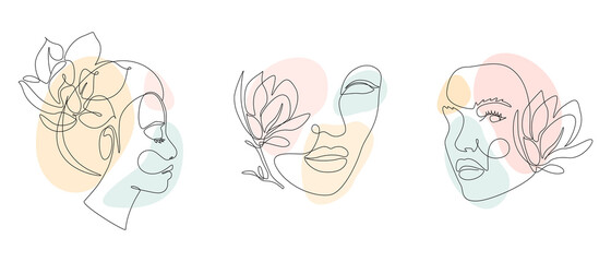 Set of Woman Faces and flowers in one Line drawing style. Vector Portrait of female with magnolia blossom. For Beauty concept, print, postcard, wall poster, covers, stories, cards, flyers, banners