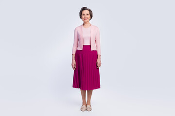 Full body photo of aged business woman happy positive smile confident isolated over grey color background