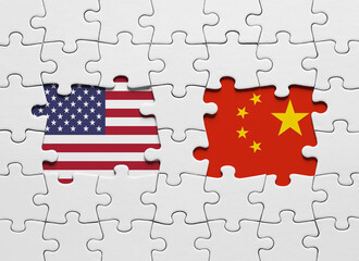 Jigsaw puzzle with the national flags of United States of America and China. International conflict...