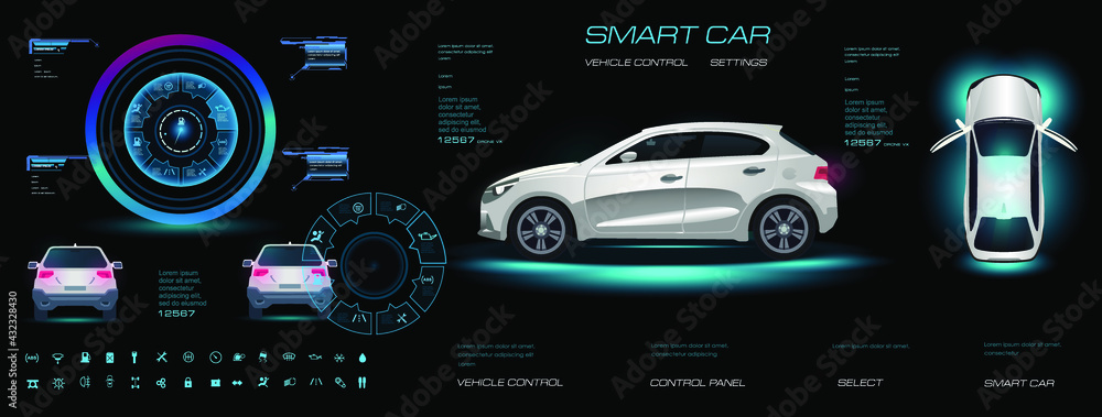 Poster car interface with device settings. all vehicle parameters on holographic touch screens. car interfa