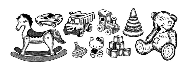Fototapeta premium A set of children's toys drawn with a pen. Vector illustration