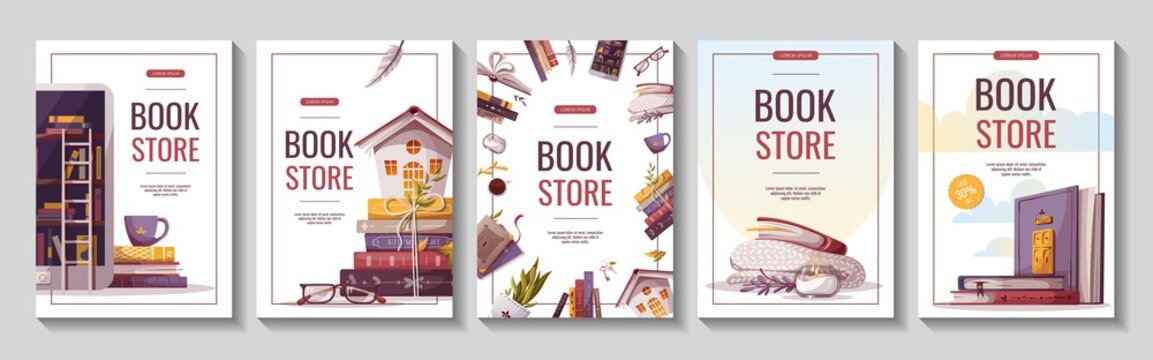 Set of flyers for bookstore, bookshop, library, book lover, e-book, education. A4 vector illustration for poster, banner, advertising, cover.