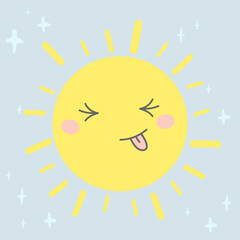 Cute Happy Sun. Vector illustration in kawaii cartoon style.  Suitable for fabric, print, card, sticker and design products.