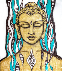 Buddha brown graphic with gold and turquoise elements on a white background.