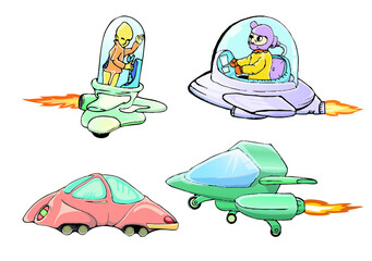 set of spaceship cartoon vector hand draw isolated on white